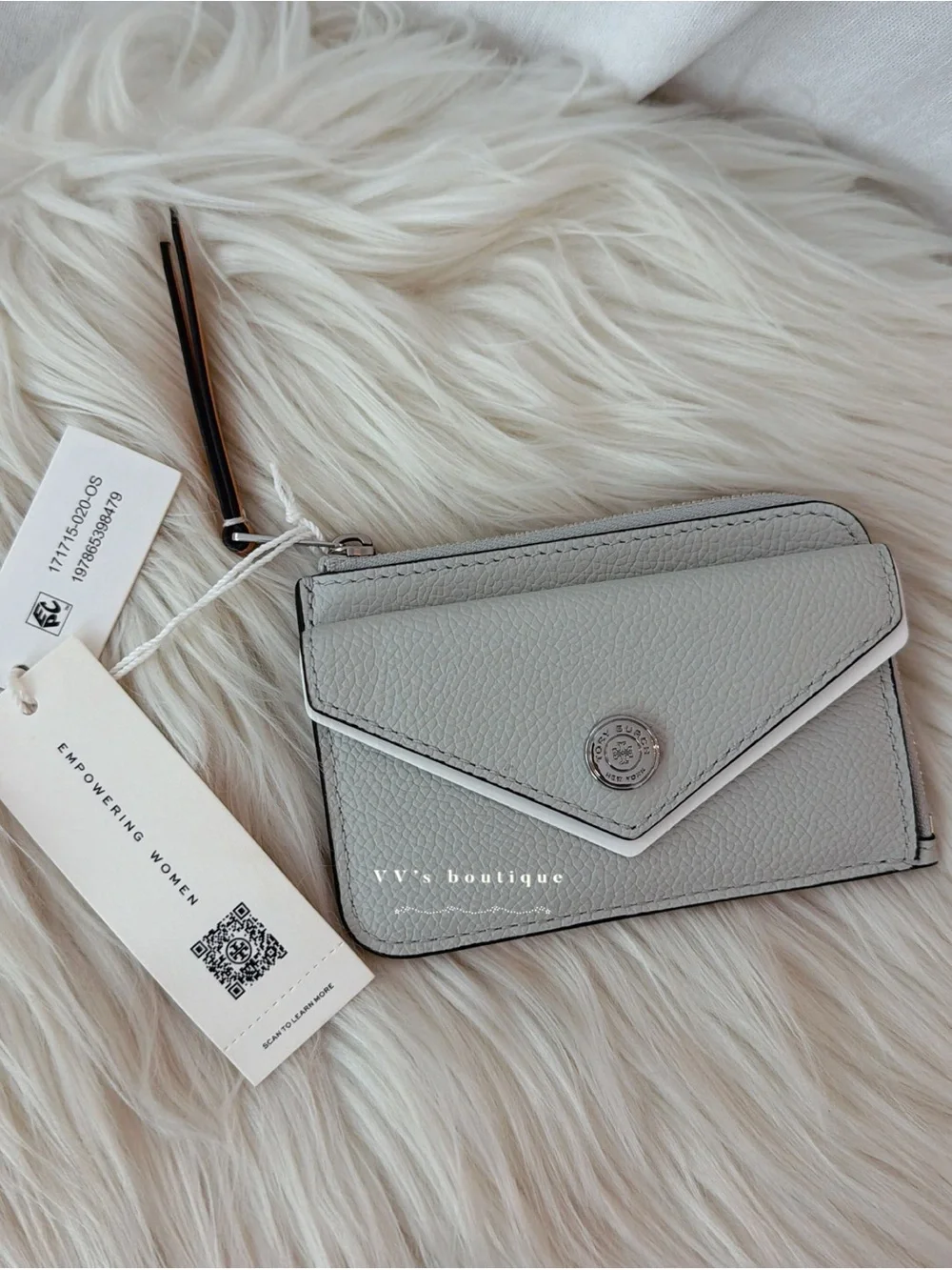 NWT Tory Burch Pebble Envelope Zip Card Case Holder Light Titanium Grey 171715